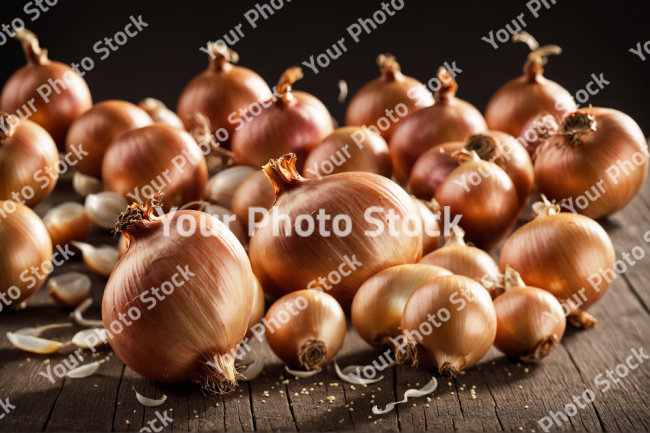 Stock Photo of Onions over wood table