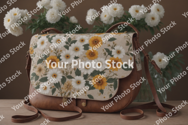 Stock Photo of Bag with flower decoration on a table with flowers behind