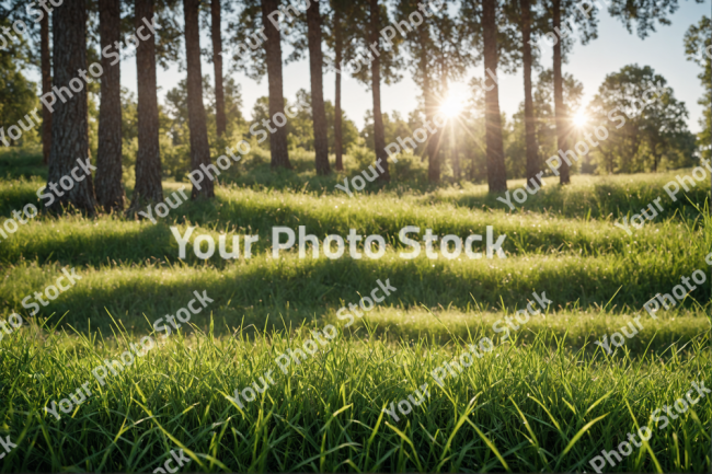 Stock Photo of Forest trees with grass sunset