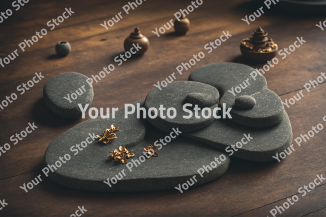 Stock Photo of Yoga zen decoration picture rocks and flowers over wood