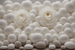 Stock Photo of Two white flowers over white rocks decoration
