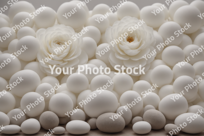 Stock Photo of Two white flowers over white rocks decoration