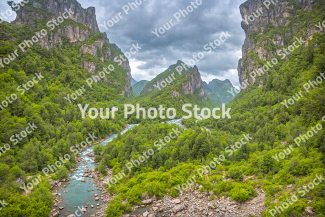 Stock Photo of River on the mountains in the overcast day jungle nature enviroment