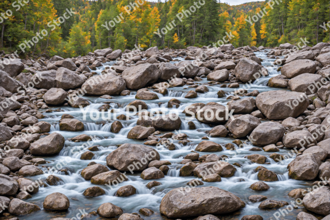 Stock Photo of River water long exposure,rocks on the nature trees backdrop