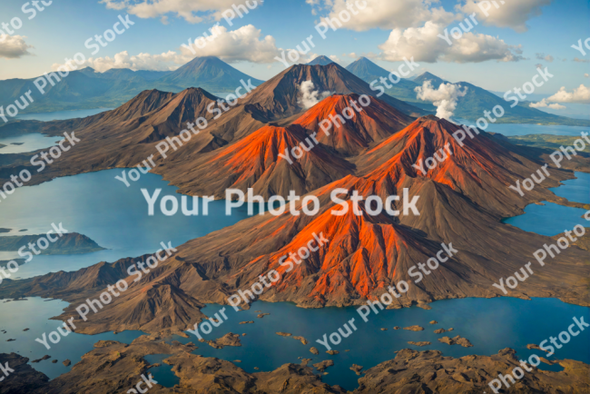 Stock Photo of Volcanoes mountains on the ocean orange with clouds