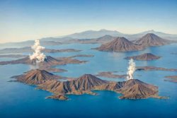 Volcanoes mountains on the ocean with islands