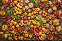 Stock Photo of Colorful fruits food and seeds from top