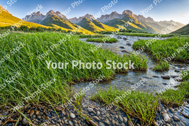 Stock Photo of Grass in the river surrounded by mountains in the morning