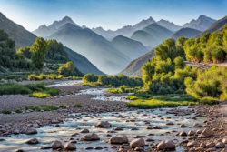 Stock Photo of River with rocks in the mountains in the morning trees in the valley