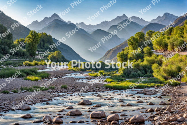 Stock Photo of River with rocks in the mountains in the morning trees in the valley