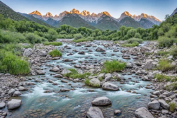 Stock Photo of River flowing in the mountains with trees and river rocks