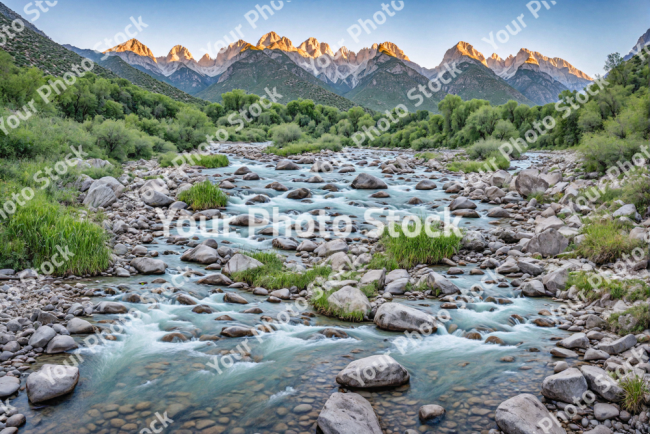 Stock Photo of River flowing in the mountains with trees and river rocks