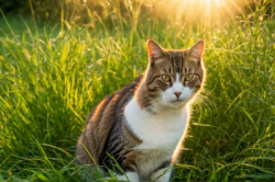Cat on the grass with a sunset on the background