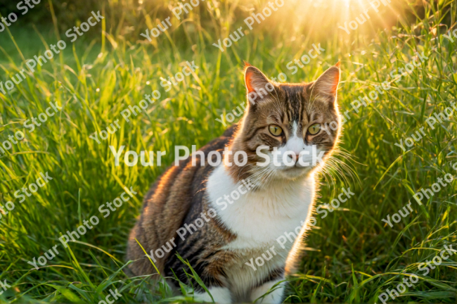 Stock Photo of Cat on the grass with a sunset on the background