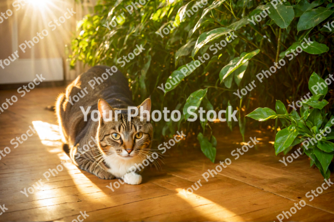 Stock Photo of Cat on the wood floor with light from window