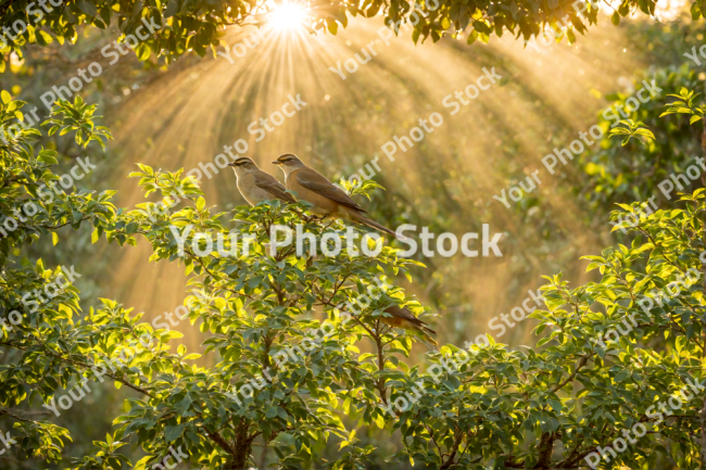 Stock Photo of Birds on tree branch with sun in the backgrond