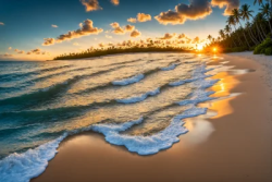 Beautiful tropical beach sand and sea in sunset
