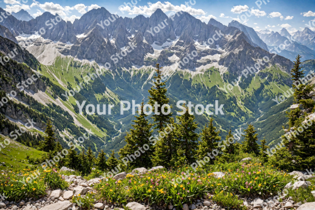 Stock Photo of Big mountains landscape with trees grass flowers and rocks