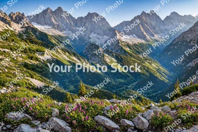 Stock Photo of Beautiful landscape of mountain nature landscape and pink flowers