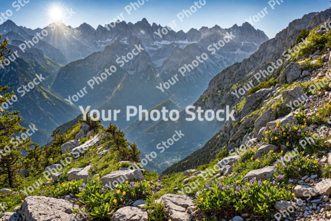 Stock Photo of Mountain landscape nature sunny day grass and yellow flowers