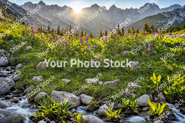 Stock Photo of Pink flowers on the landscape with river and mountains on the background sunset