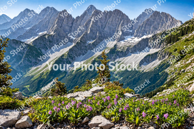 Stock Photo of Big mountains landscape with nature enviroment and flowers