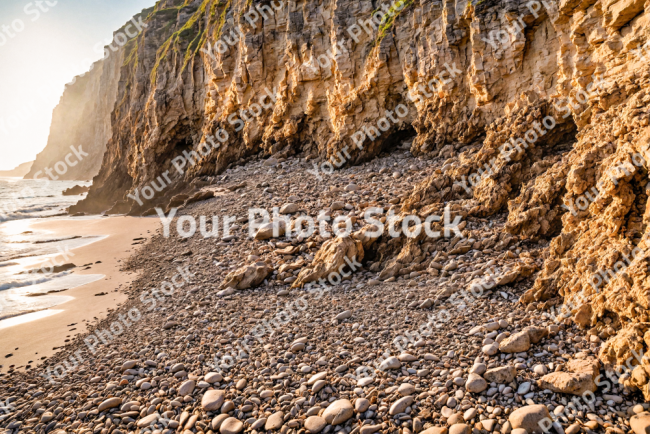 Stock Photo of Beach sand with rocks cliff enviroment sunset