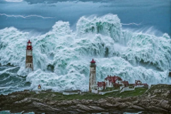 Stock Photo of Storm in the sea affect lighthouses