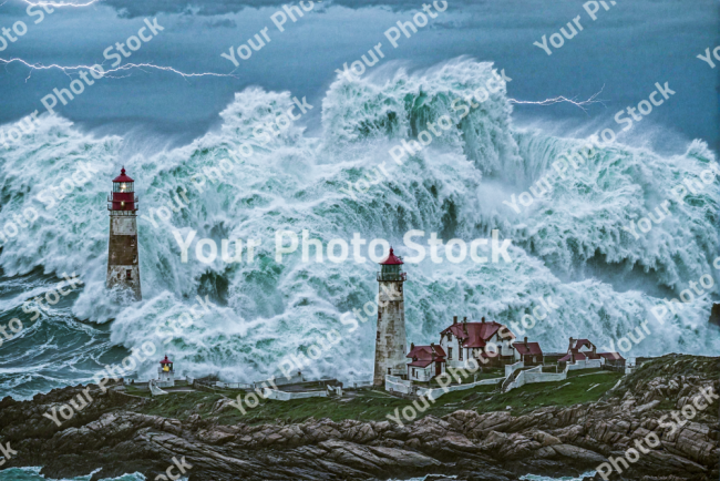 Stock Photo of Storm in the sea affect lighthouses