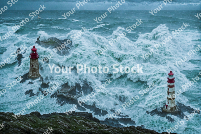 Stock Photo of Storm in the ocean sea two lighthouses