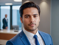Young man director executive office stock, with beard and blue outfit latino