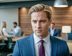 Stock Photo of American blonde man with blue jacket in the office professional