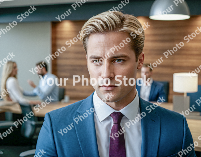 Stock Photo of American blonde man with blue jacket in the office professional