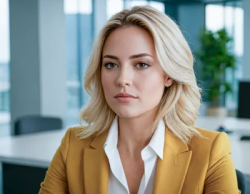 Stock Photo of Woman executive office director blonde hair stock usign yellow jacket