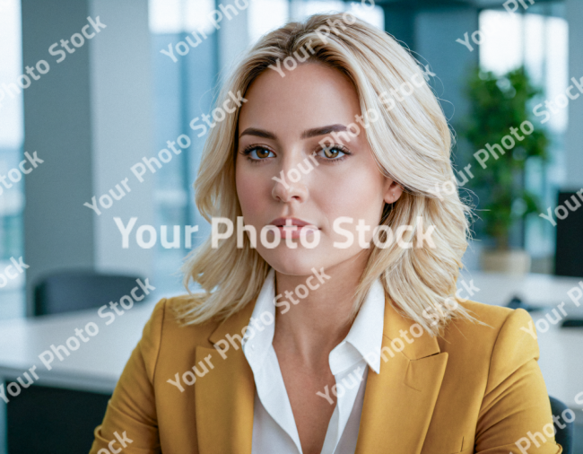 Stock Photo of Woman executive office director blonde hair stock usign yellow jacket