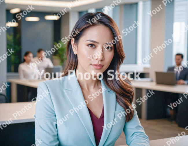 Stock Photo of Filipina woman stock office blue jacket looking camera