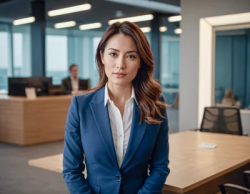 Japanese woman asian director executive stock blue jacket long hair in office