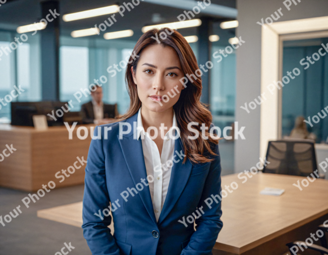 Stock Photo of Japanese woman asian director executive stock blue jacket long hair in office