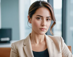 Latina woman in the office executive interview face girl with jacket looking to camera