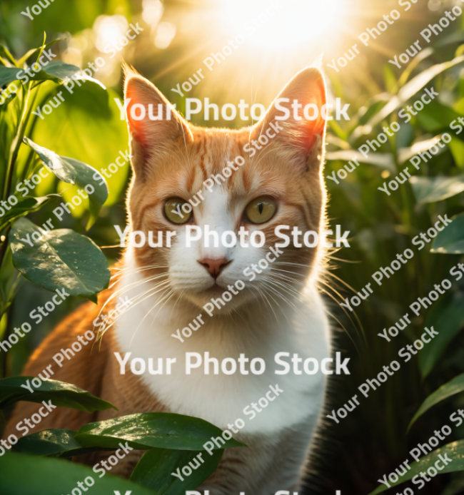 Stock Photo of Cat in the garden sunset orange cat looking the camera