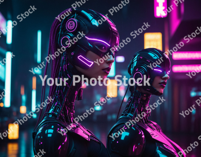 Stock Photo of Robot scifi concept illustration neon cyberpunk pink colorful