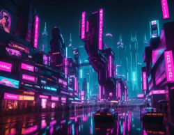 Stock Photo of Futuristic city cyberpunk neon with people and cars in the night