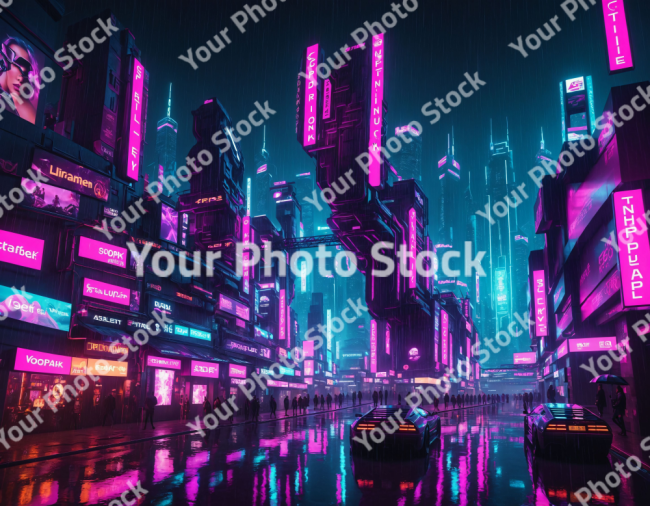 Stock Photo of Futuristic city cyberpunk neon with people and cars in the night