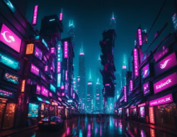 Stock Photo of City neon in the night future cyberpunk car and people