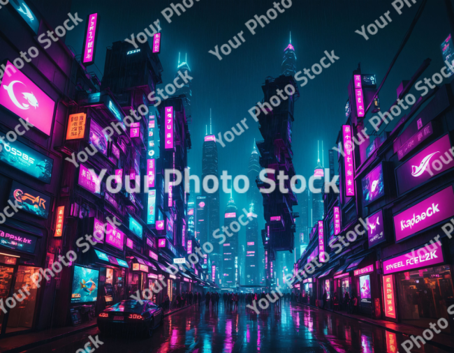 Stock Photo of City neon in the night future cyberpunk car and people