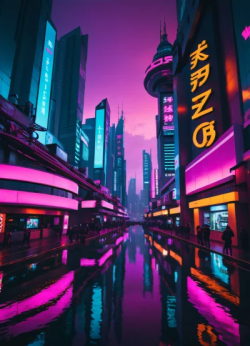 Stock Photo of Tokyo city concetp art design in sunset cyberpunk neon futuristic reflections