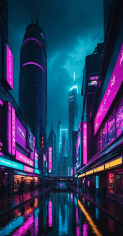 Night in the cyberpunk street pink and blue neon wiht people and reflections
