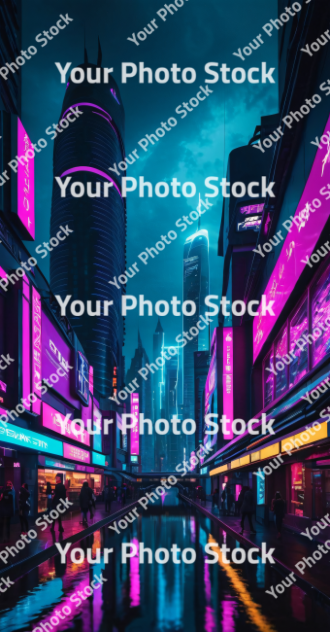 Stock Photo of Night in the cyberpunk street pink and blue neon wiht people and reflections