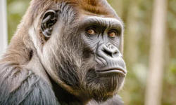 Stock Photo of Gorilla face looking to camera in the jungle