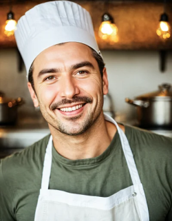 Stock Photo of Chef man with green tshirt and white chef hat in the kitchen young with beard